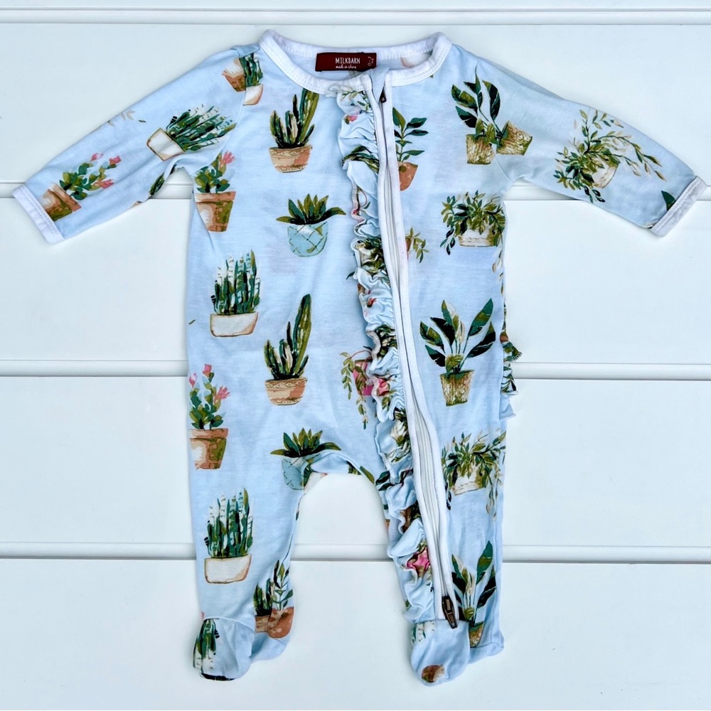 Milkbarn Potted Plants Bamboo Ruffle Zipper Footed Romper, Size 0-3m